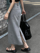 SALE! Gray washed denim back slit H-line long skirt (Gray)