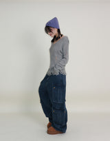 ラバーVネックダメージカットポイント長袖ニット (wool material)