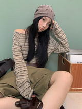 wide neck loose fit stripe long-sleeve t-shirt
