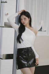 アンバランスオフショルダーシャーリングベーシック長袖Tシャツ