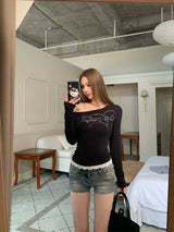 Beads Unbalanced Off-Shoulder Laced Long-Sleeved T-Shirt