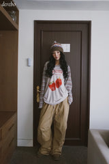 Checkered layered wide banding pants