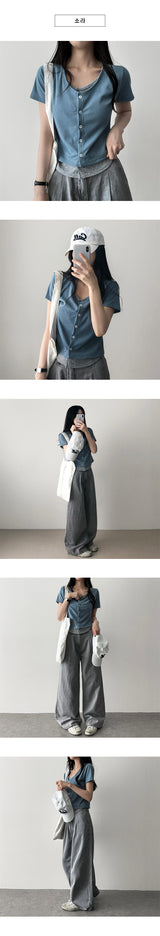 Erkin Spandex V-neck Color Layered Button Cardigan Short Sleeve T-shirt