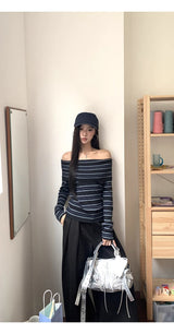 ストライプ スリム オフショルダー 長袖 ニット Tシャツ