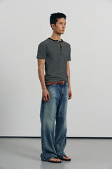 Stripe slim henley neck half t-shirts(Black)