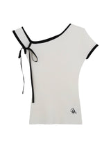 White line ribbed unbalanced off-shoulder top