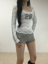 Lace Number Sheer Long Sleeve T