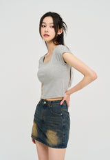 [U-BASIC] Poke Span Square Cap Sleeve T-Shirt