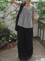 [Scrunch SET ] Unru Puff Shirring Layered Button Blouse