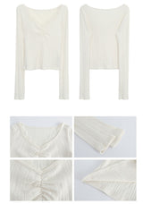 Ivory V-neck Lace Long-sleeved T-shirt