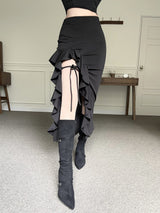  Frill slit ribbon long sk