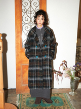 Gradient blue polka dot checkered contrasting color woolen overcoat