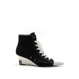 Colorful Bridge | Designer High-Top Lace-Up Canvas Shoes with Pointed Wedge Black Ankle Boots for Women