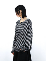 RELABEL (Vision) Lightweight, velvety-textured striped patchwork long-sleeved T-shirt with a wet-look finish, studded details and a scoop neck