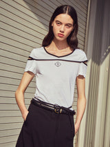 [LINE] Slit Pipping Print T-shirt (Ivory)