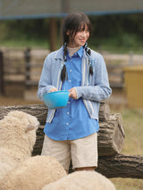 Wavy Collar Cable Merino Cardigan (Light Blue)