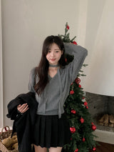BR Crop V-neck Long Sleeve Knit + Tie Set (8color)