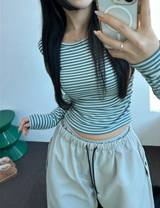 FLEECE❤SIDE SHIRRING STRIPE CROPPED LONG SLEEVE T SHIRT 🧸🤎🩶🩵3COLOR