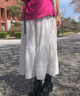 Owell Shirring Punching Lace Tiered Summer Long Skirt (4 Colors)