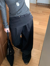 クローズピンタックラップツーボタンハイウエストロングワイドパンツ