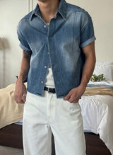 [MUSCLE FIT] Crop denim shirts(2color)