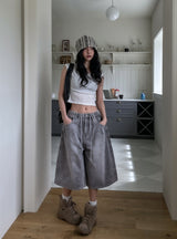 Dyeing Washed Banding Bermuda Denim Pants