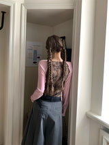 Back see-through lace long-sleeved T-shirt