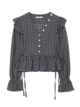 BUTTON CHECK FRILL BLOUSE(CHARCOAL)