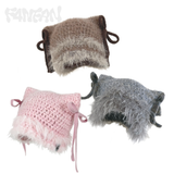 Handcrafted Crochet Cat Ear Beanie with Side Bows，Fluffy Long Fuzzy Brim,  knit Cute Hat