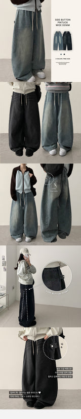 Doha Side Snap Waist Banding Balloon Wide Denim Pants