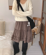 Luen midi checkered skirt Fall layered frill soft fit