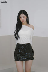 アンバランスオフショルダーシャーリングベーシック長袖Tシャツ