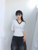 Lace V-Shirring Dot Top