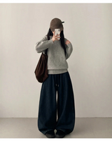 Foton waist banding side incision fleece denim wide pants