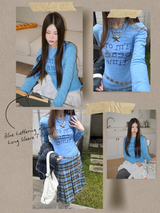 ブルーレタリングラウンドロングスリーブTシャツ