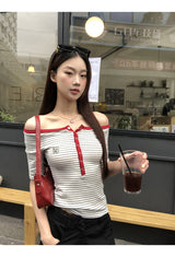 レッドラインストライプオフショルダートップ