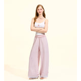 [GirlyFancyClub] Pink Tencel Linen Pants for Women Lazy Comfortable Dual-Wear Elastic Waist Straight Leg Carrot Pants