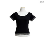 (2color) Flower Layered U-Neck Crop Half Sleeve Tee