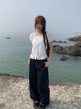 Beson Lace Button Ribbon Frill Blouse
