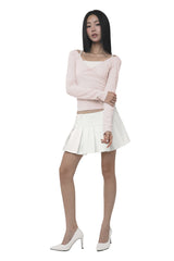 Hugging ribbon pleated skirt, White