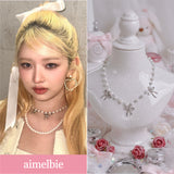 [IVE Rei Necklace] Three Ribbons Pearl Choker Necklace - Silver Color