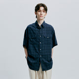 [bandana necklace set] washed check linen 2 pocket half shirt navy