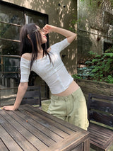 フラワーツーピースオフショルダーボタンショートスリーブTシャツ