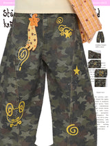 BETWEENAND Autumn-style patterned pants with star-shaped embossed beads, camouflage design; loose and casual long pants, cutlass-shaped pants