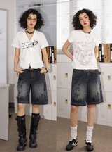 Chemical Girls Retro distressed washed straight-leg five-pocket denim shorts