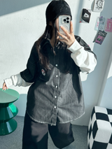 デニムレイヤードボックスシャツスウェット🖤💙 - 2 カラーズ