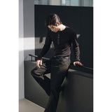Leather ribbed henry neck long sleeves(Black)