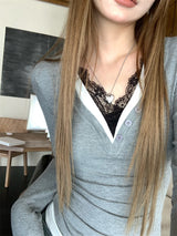 Lace Layered Long Sleeve V-Neck T-Shirt