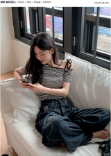 Border Ribbon Off Shoulder Short Sleeve T-Shirt (2color)