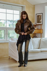 PAMELA LEATHER BOMBER JACKET / BROWN